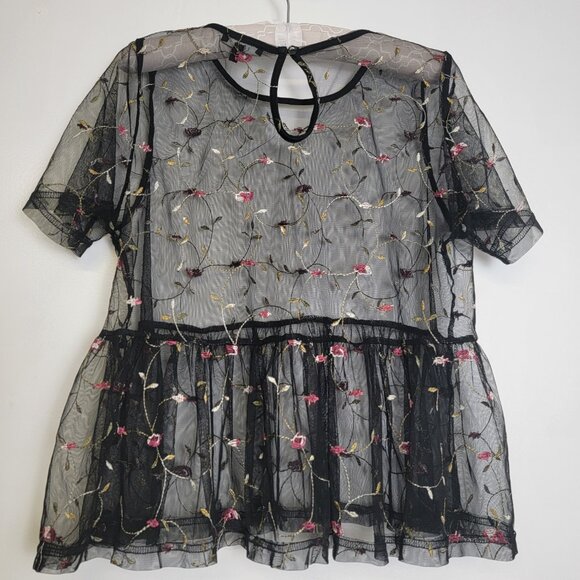 IRIS Embroidered Floral Mesh Top Blouse Women's L Boho Short Sleeve - Picture 3 of 7